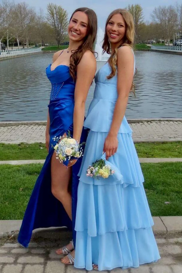 Blue A-Line Square Neck Tiered Empire-Waist Sleeveless Prom Dress