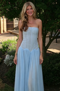 Blue A-Line Strapless Empire-Waist Chiffon Long Prom Dress