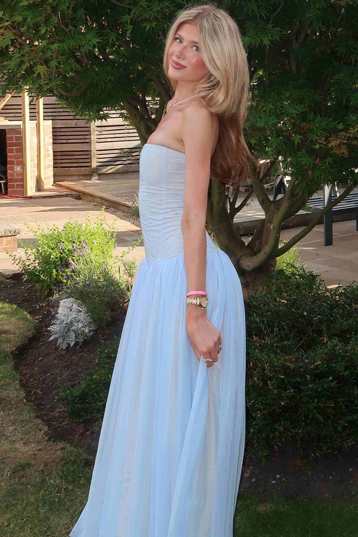 Blue A-Line Strapless Empire-Waist Chiffon Long Prom Dress