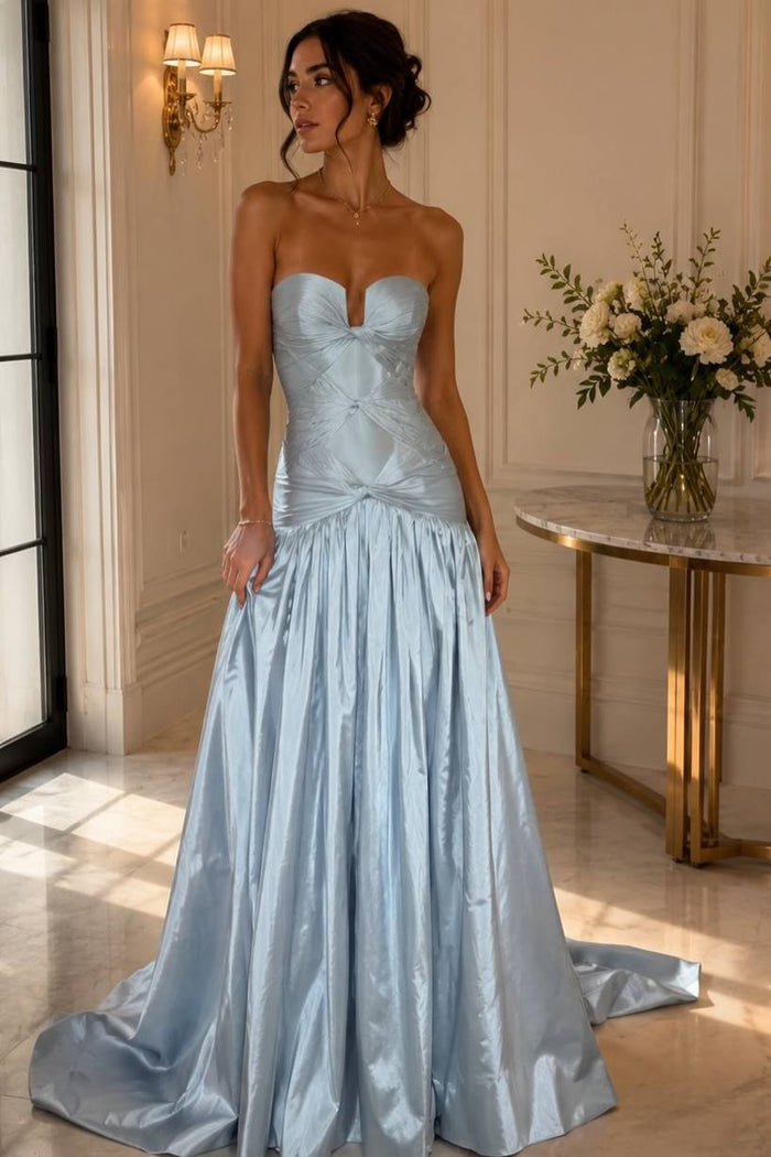 Blue A-Line Strapless Empire-Waist Pleats Sleeveless Long Prom Dress