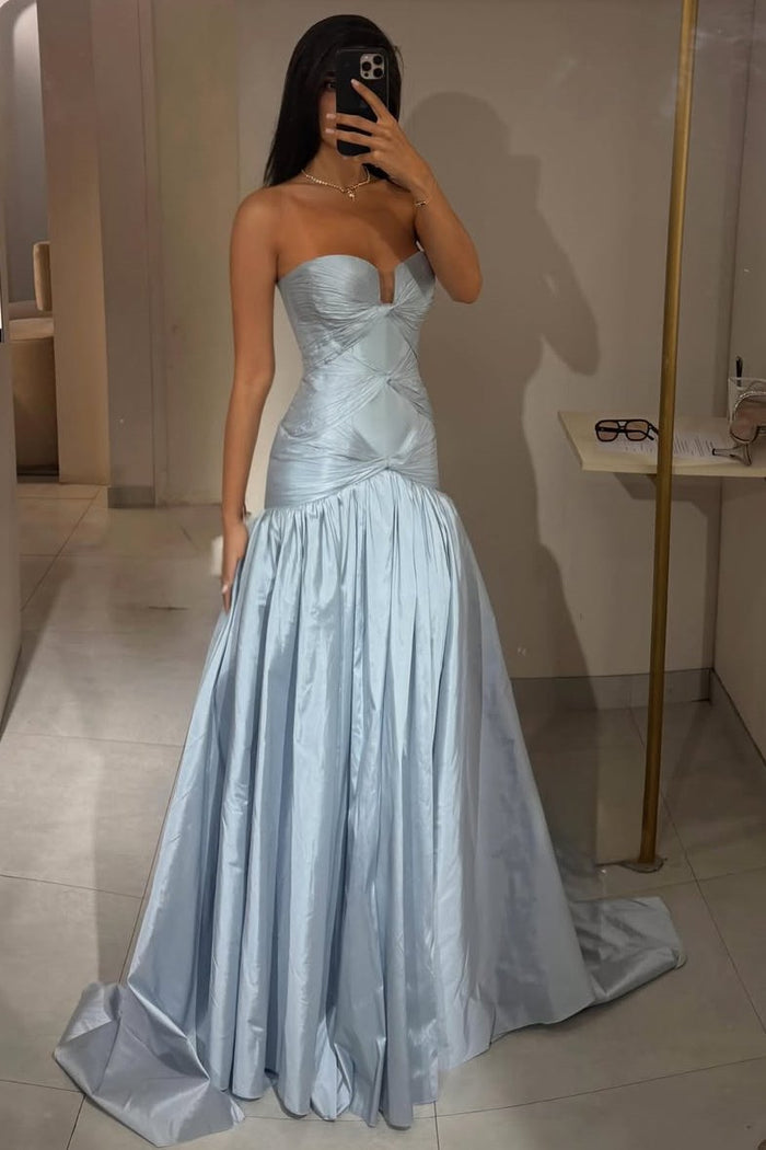 Blue A-Line Strapless Empire-Waist Pleats Sleeveless Long Prom Dress