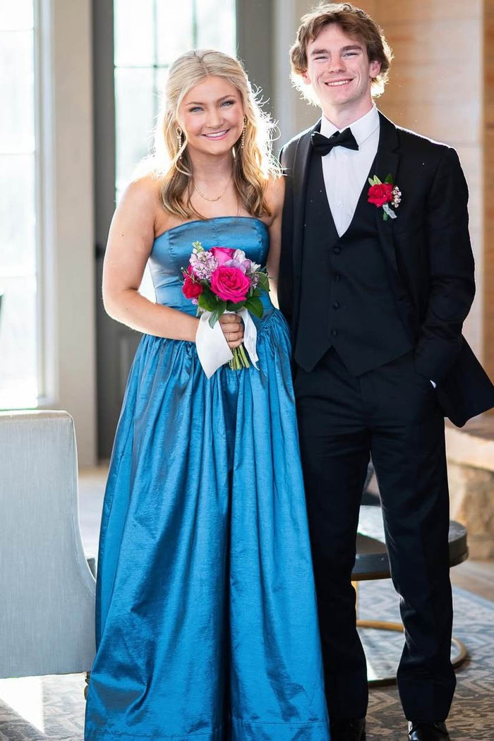 Blue A-Line Strapless Scoop Neck Pleated Empire-Waist Prom Dress