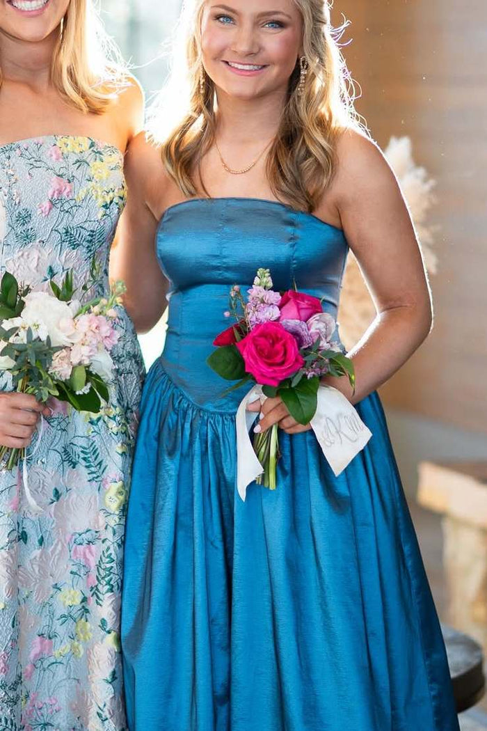 Blue A-Line Strapless Scoop Neck Pleated Empire-Waist Prom Dress