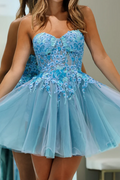 Blue A-Line Strapless Sweetheart Tulle Short Homecoming with Appliques