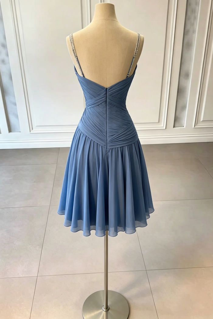 Blue A-Line V-Neck Pleated Sleeveless Short Homecoming Dress with Beads