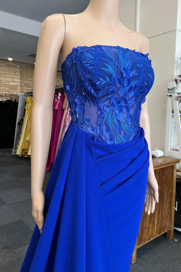 Blue Appliques Strapless Long Formal Gown with Attached Train