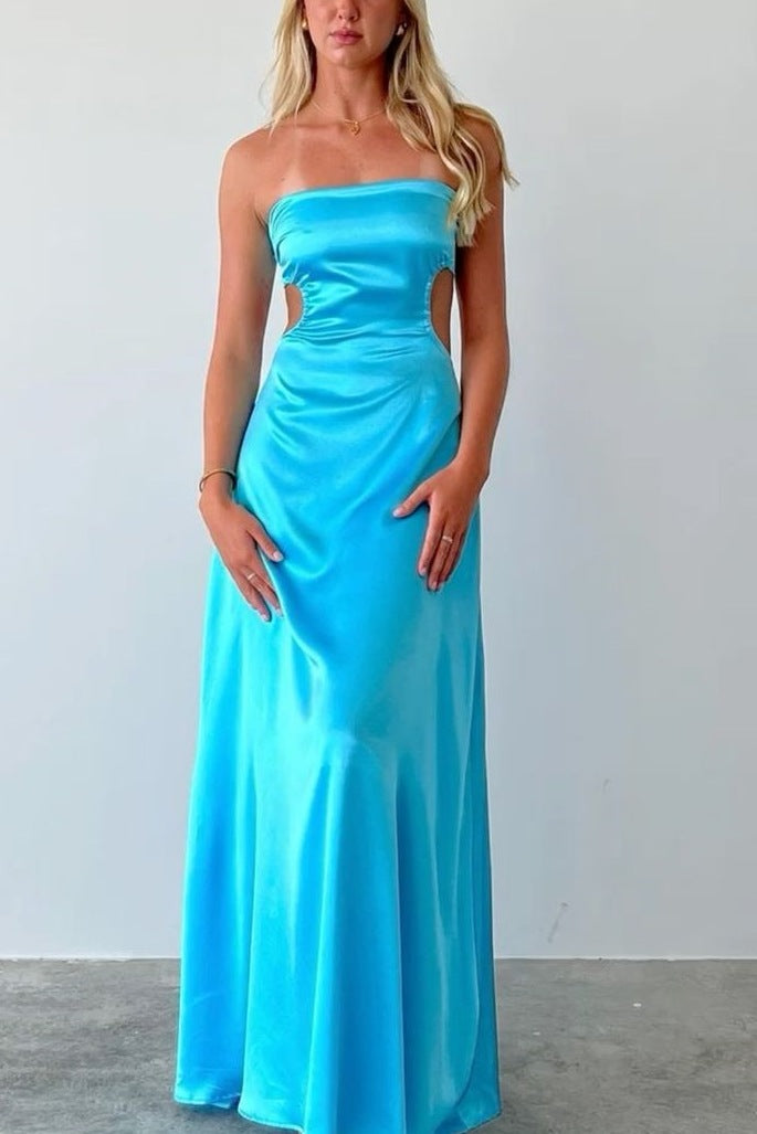 Blue Backless Strapless A-Line Scoop Pleats Satin Long Party Prom Dress