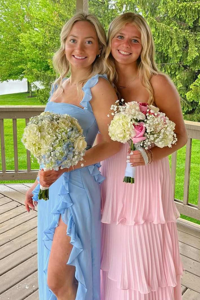 Blue Chiffon Double Straps Ruffles Sleeveless Long Prom Dress with Slit
