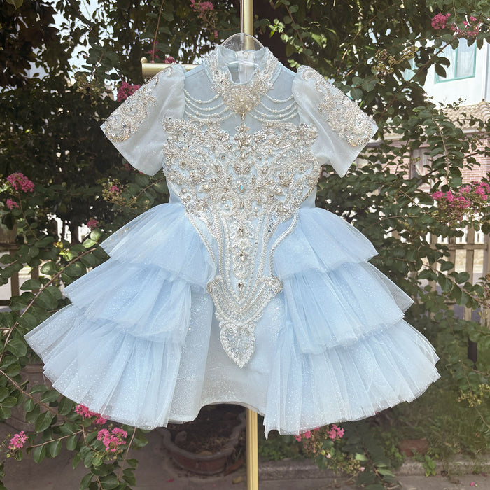 Blue Flower Girl Dress with Beaded Bodice Knee Length J567