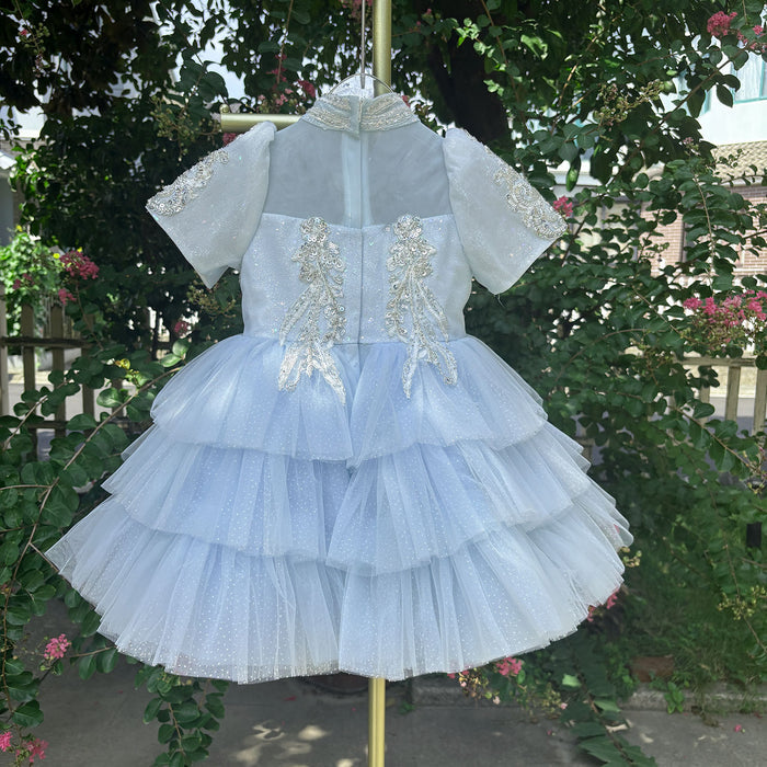 Blue Flower Girl Dress with Beaded Bodice Knee Length J567