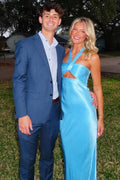 Blue Halter Satin Pleats Sheath Sleeveless Long Prom Formal Dress