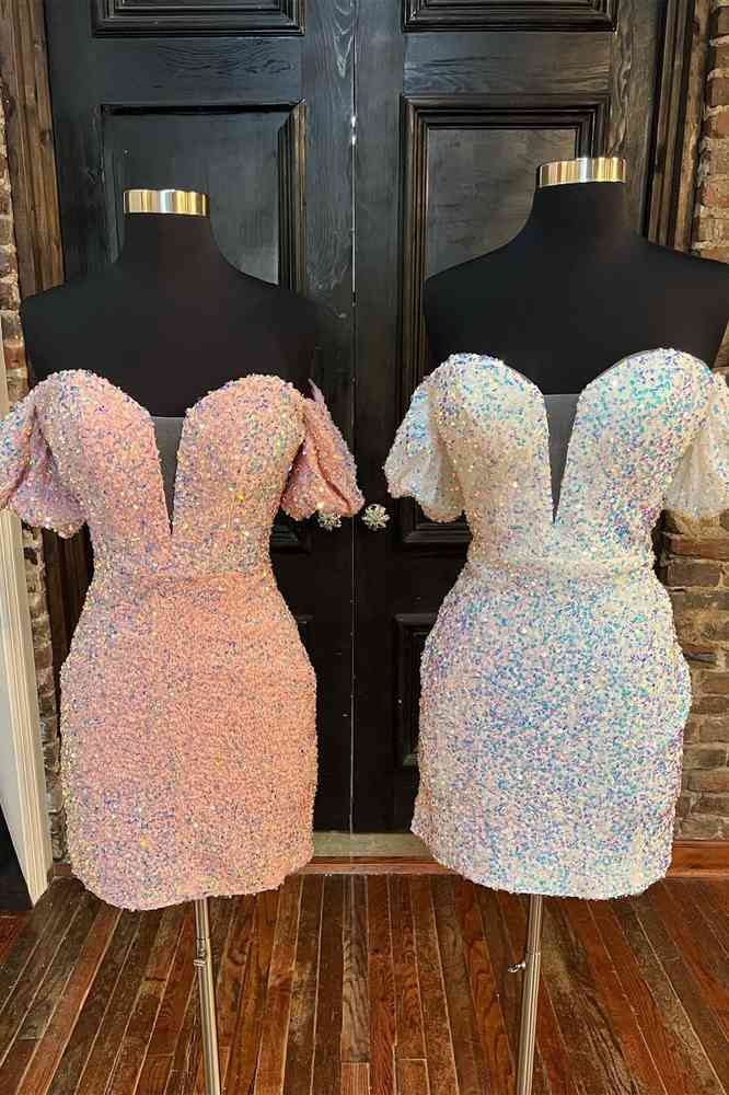 Blue Iridescent Sequin Puff Sleeve Bodycon Mini Homecoming Dress