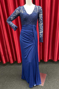 Blue Lace Long Sleeve Formal Dress