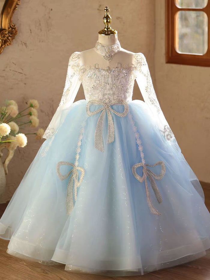 Blue Long Sleeve Flower Girl Dress for Birthday Pageant D211