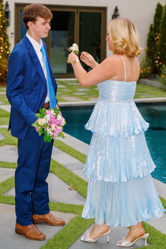Blue Metallic A-Line Straps Pearls Sleeveless Ruffles Prom Dress