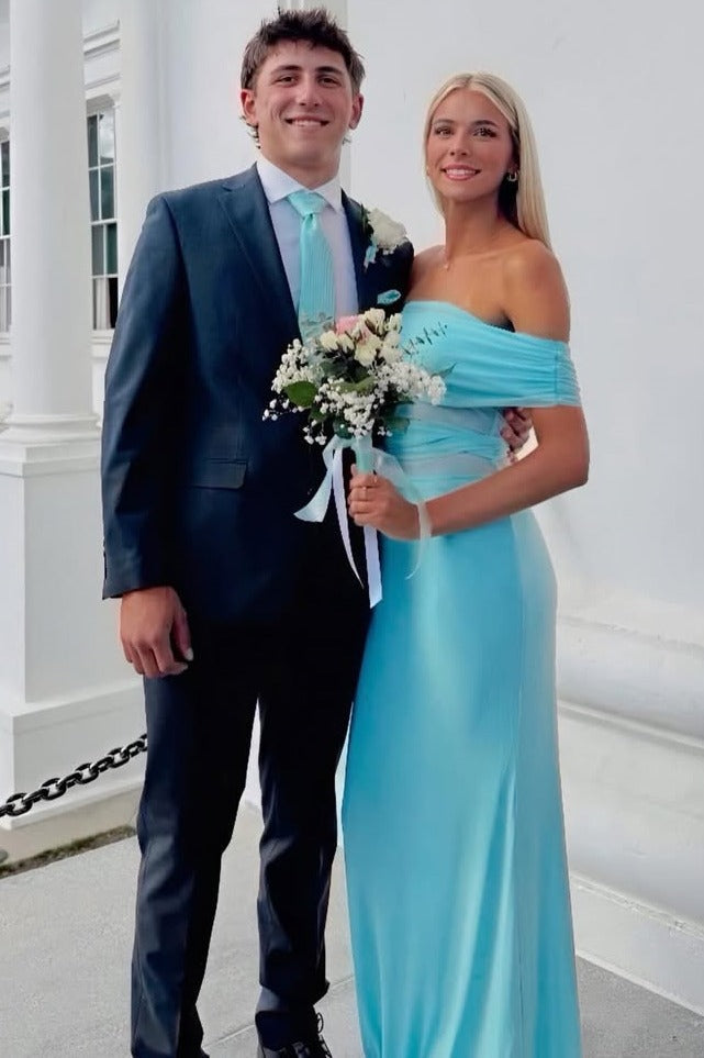 Blue Off-Shoulder Pleats Satin Fitted Long Prom Party Dress