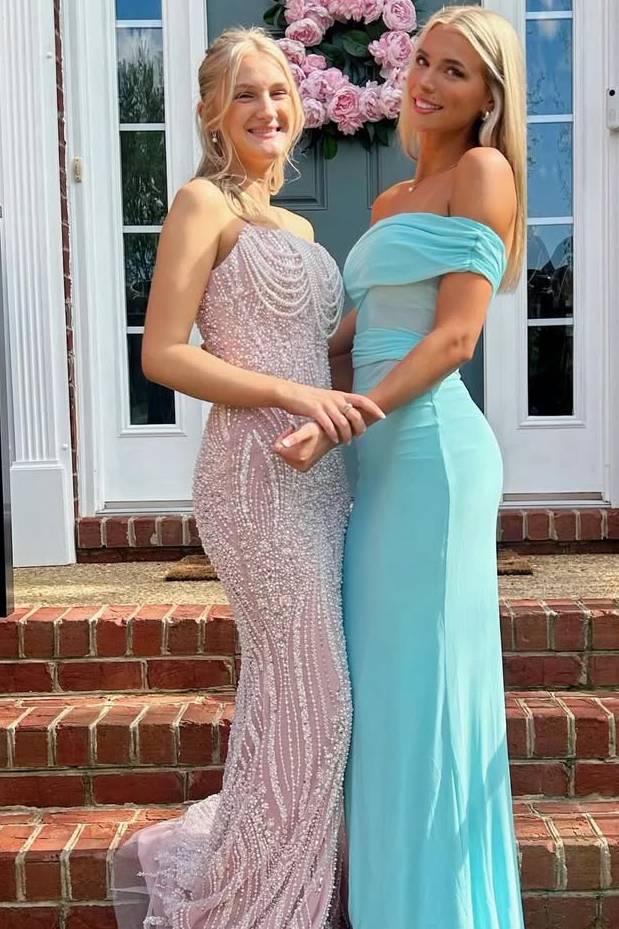Blue Off-Shoulder Pleats Satin Fitted Long Prom Party Dress