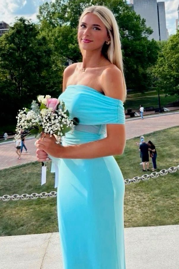 Blue Off-Shoulder Pleats Satin Fitted Long Prom Party Dress