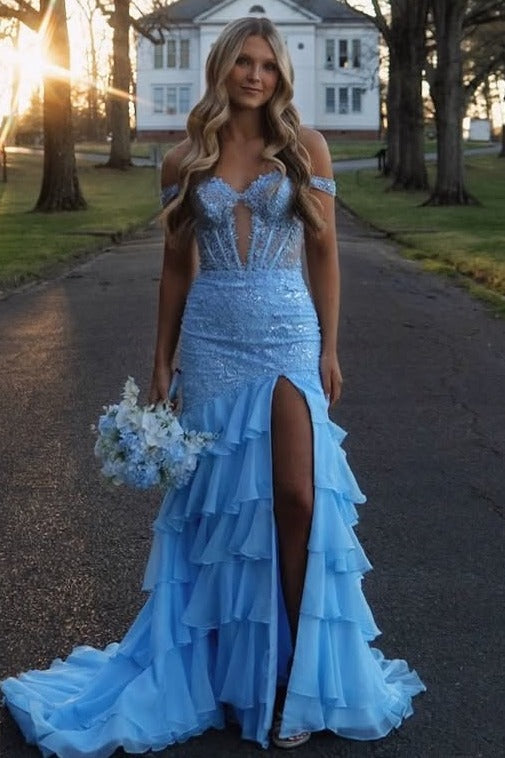Blue Off-Shoulder Ruffles Chiffon Appliques Mermaid Prom Dress with Slit