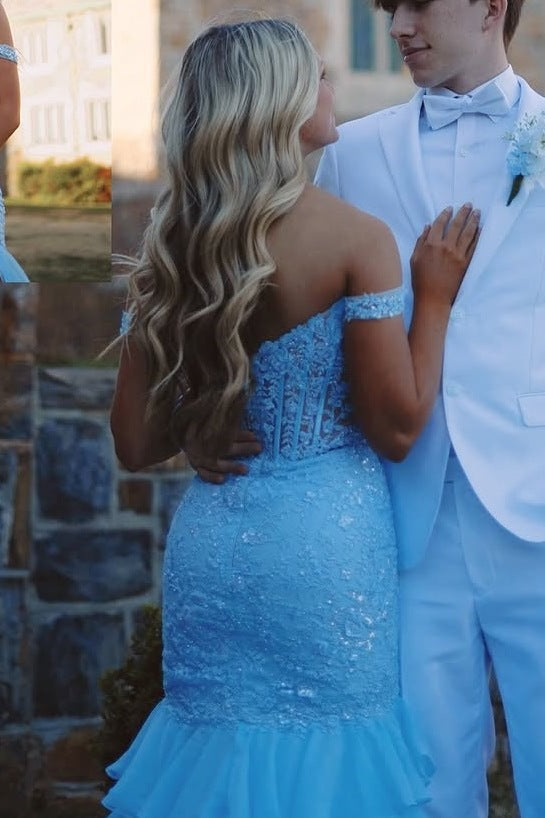 Blue Off-Shoulder Ruffles Chiffon Appliques Mermaid Prom Dress with Slit