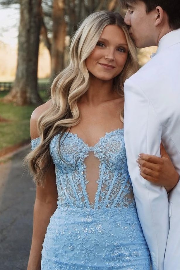 Blue Off-Shoulder Ruffles Chiffon Appliques Mermaid Prom Dress with Slit