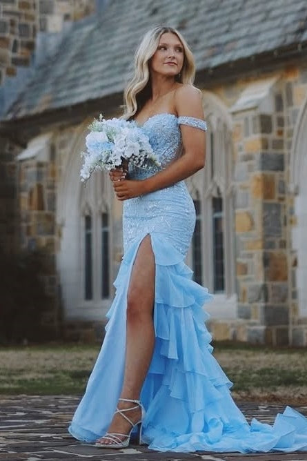 Blue Off-Shoulder Ruffles Chiffon Appliques Mermaid Prom Dress with Slit