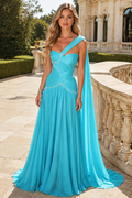 Blue One Shoulder A-Line Pleated Chiffon Prom Evening Dress