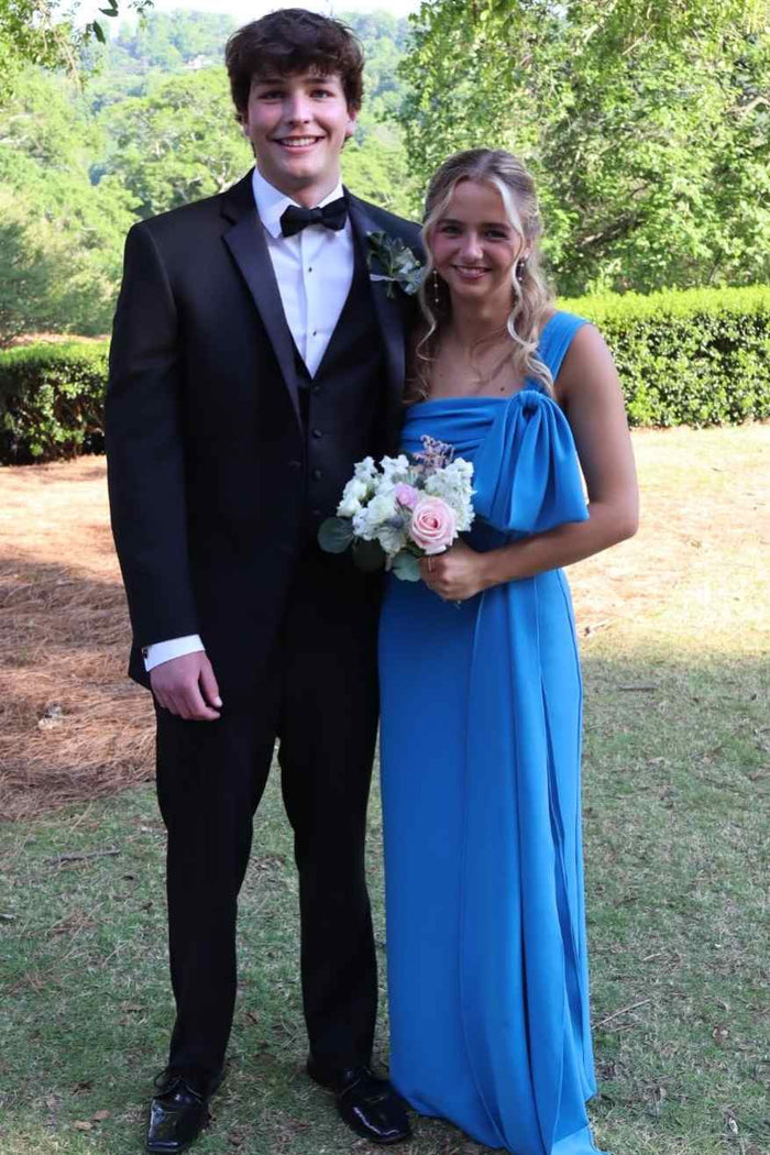 Blue One Shoulder Bow Empire-Waist Sleeveless Long Formal Prom Dress