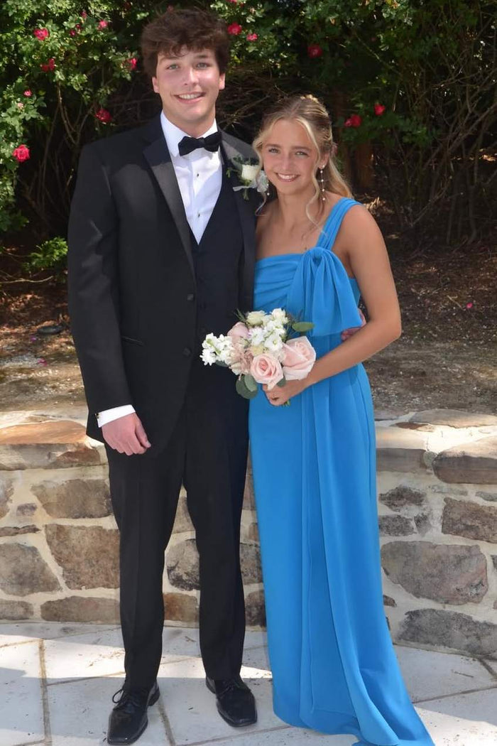 Blue One Shoulder Bow Empire-Waist Sleeveless Long Formal Prom Dress