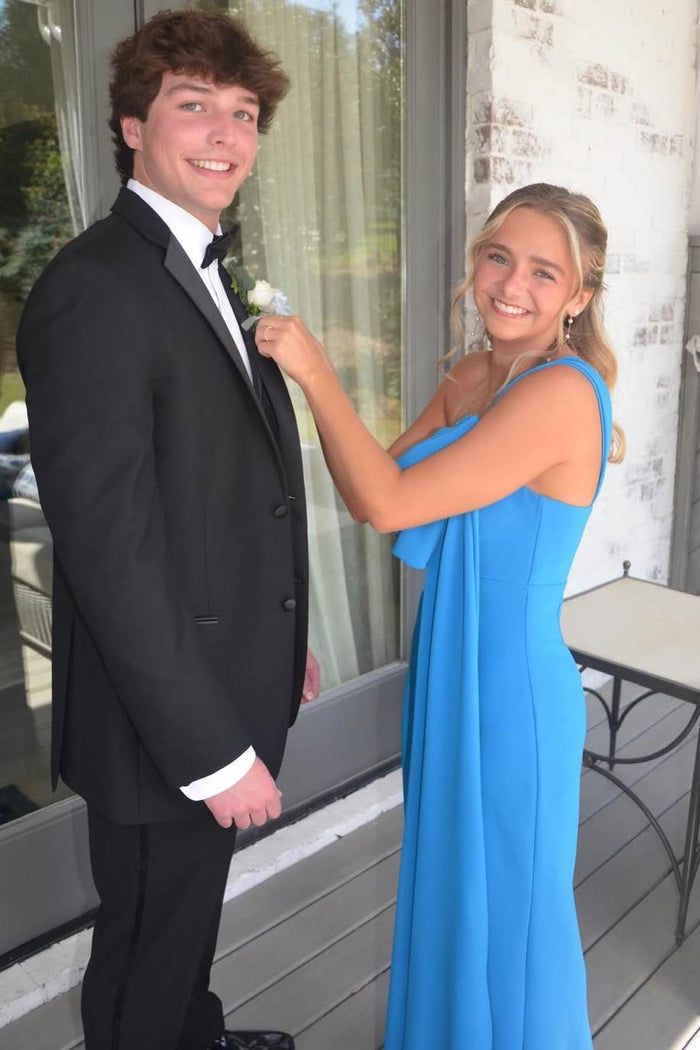 Blue One Shoulder Bow Empire-Waist Sleeveless Long Formal Prom Dress