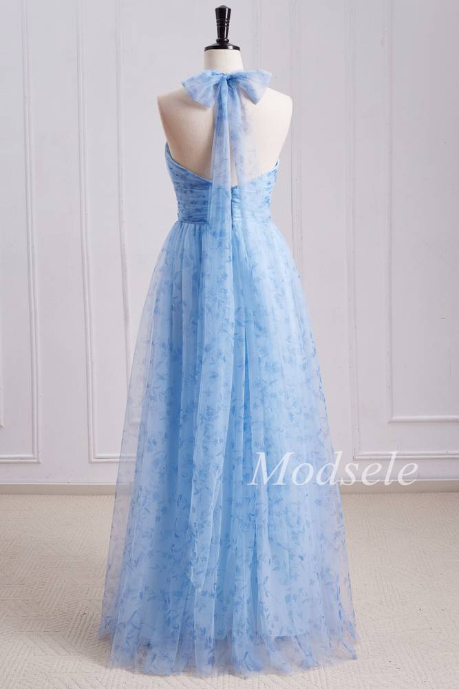 back of Blue Print Halter Long Bridesmaid Dress with Rosette