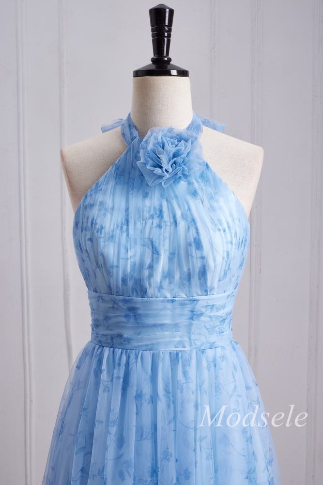 top of Blue Print Halter Long Bridesmaid Dress with Rosette