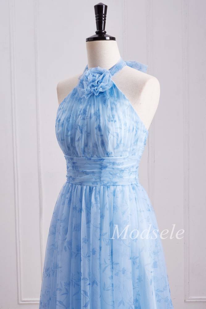 top of Blue Print Halter Long Bridesmaid Dress with Rosette