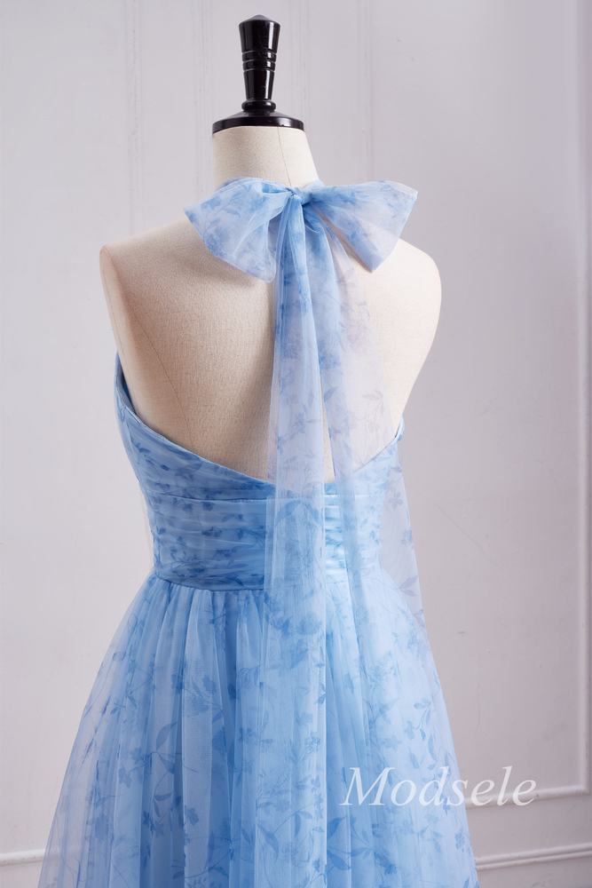 back of Blue Print Halter Long Bridesmaid Dress with Rosette
