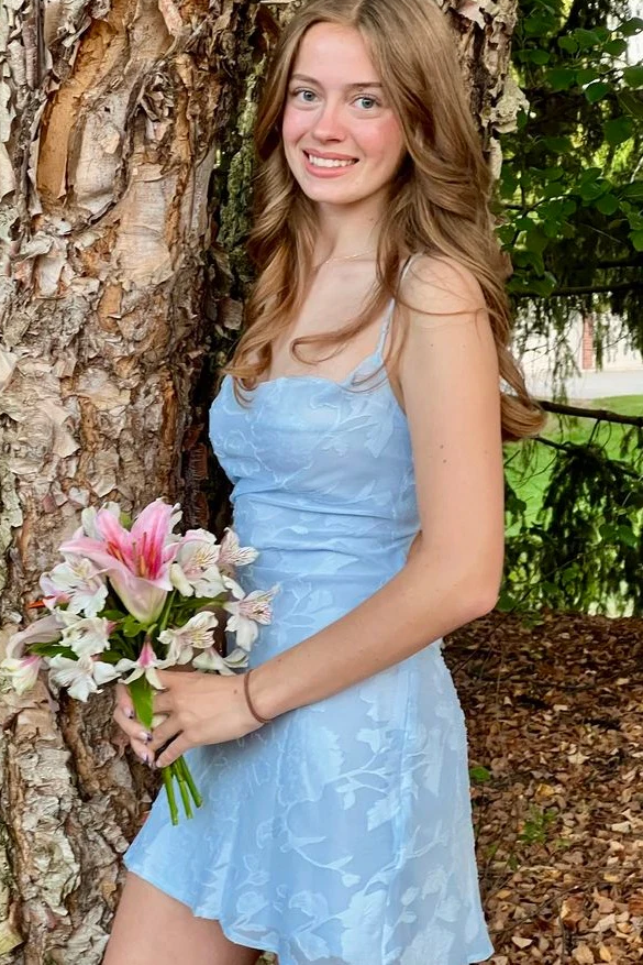 Blue Spaghetti Straps A-Line Jacquard Empire-Waist Homecoming Dress