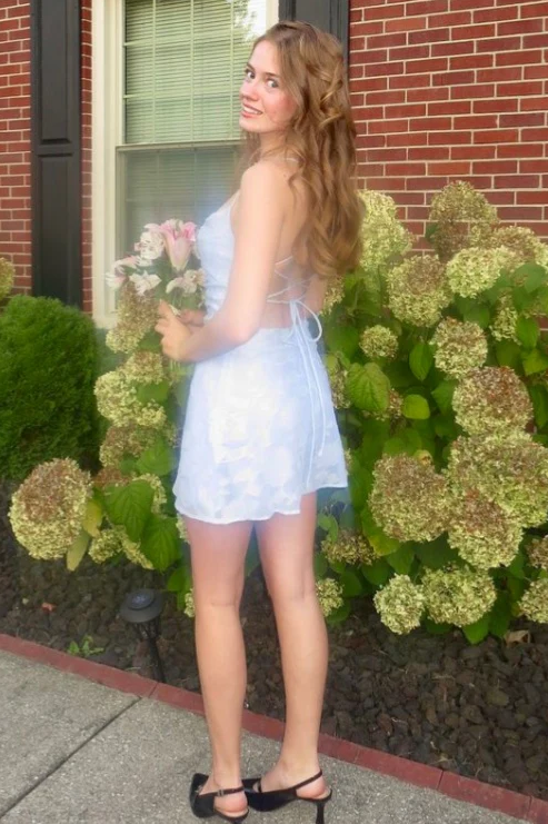 Blue Spaghetti Straps A-Line Jacquard Empire-Waist Homecoming Dress