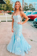 Blue Spaghetti Straps Lace Appliques Mermaid Long Prom Dress