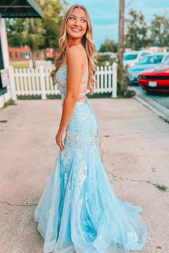 Blue Spaghetti Straps Lace Appliques Mermaid Long Prom Dress
