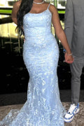Blue Spaghetti Straps Lace Appliques Mermaid Sleeveless Long Prom Dress