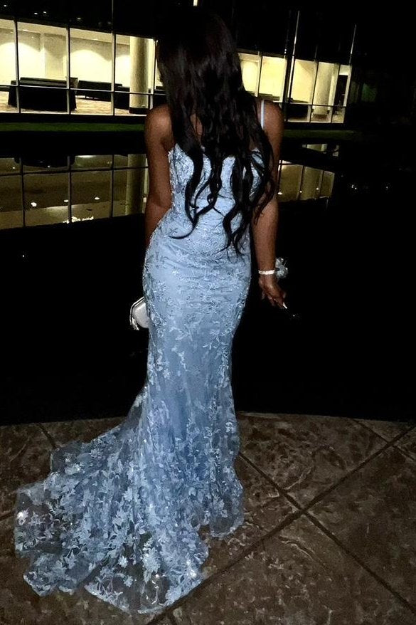 Blue Spaghetti Straps Lace Appliques Mermaid Sleeveless Long Prom Dress
