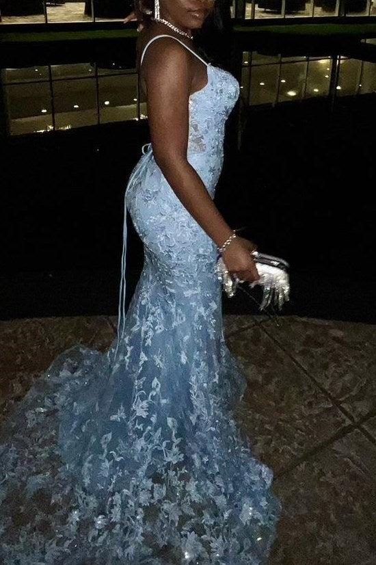 Blue Spaghetti Straps Lace Appliques Mermaid Sleeveless Long Prom Dress