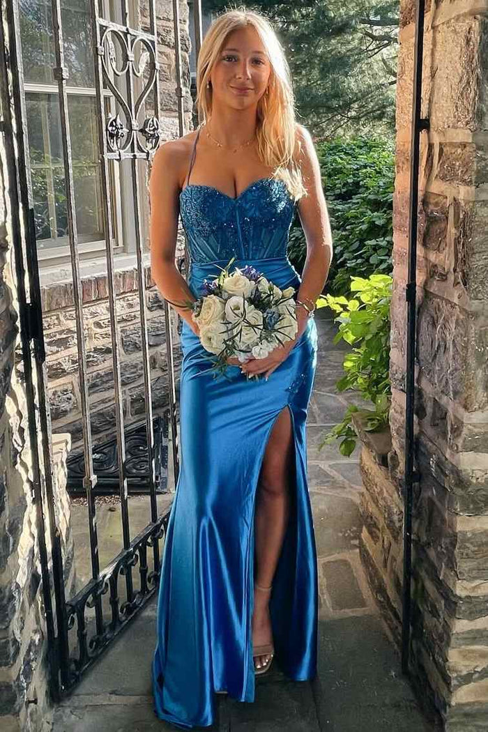 Blue Spaghetti Straps Sweetheart Pleats Mermaid Prom Dress with Slit