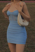 Blue Spaghetti Straps Sweetheart Pleats Tight Homecoming Party Dress