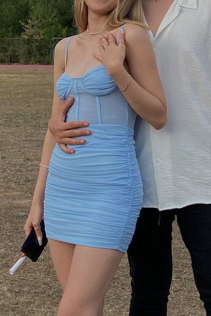 Blue Spaghetti Straps Sweetheart Pleats Tight Homecoming Party Dress