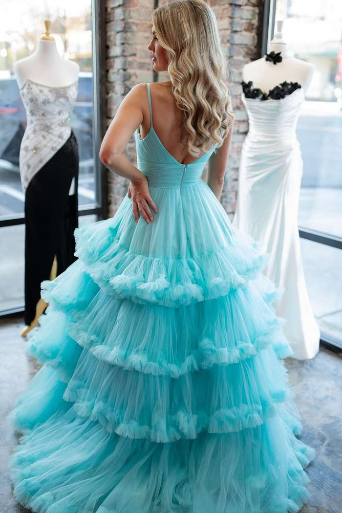 Blue Spaghetti Straps V-Neck Layered Tulle Sleeveless Prom Dress
