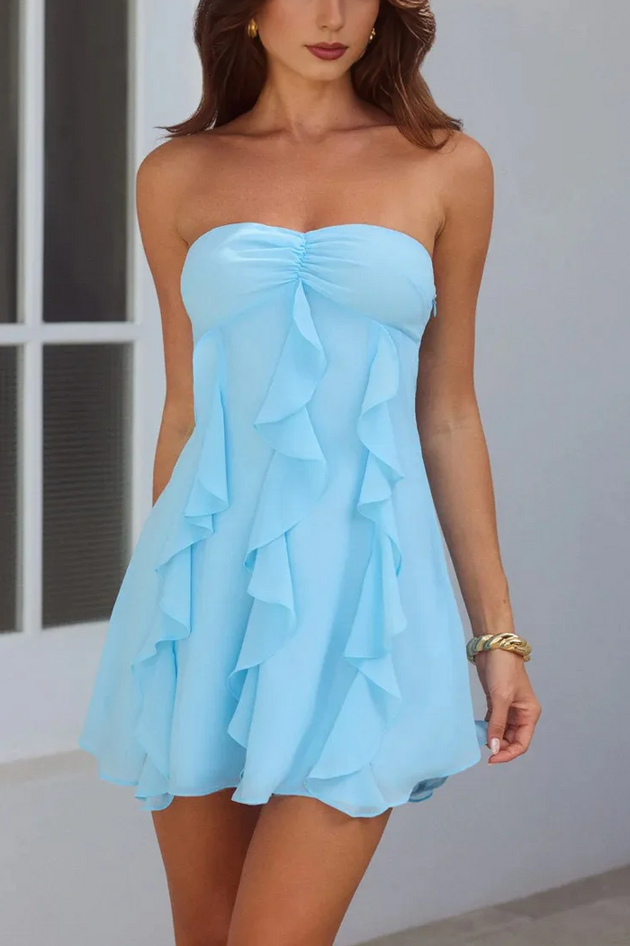 Blue Strapless A-Line Sleeveless Ruffles Chiffon Short Homecoming Dress