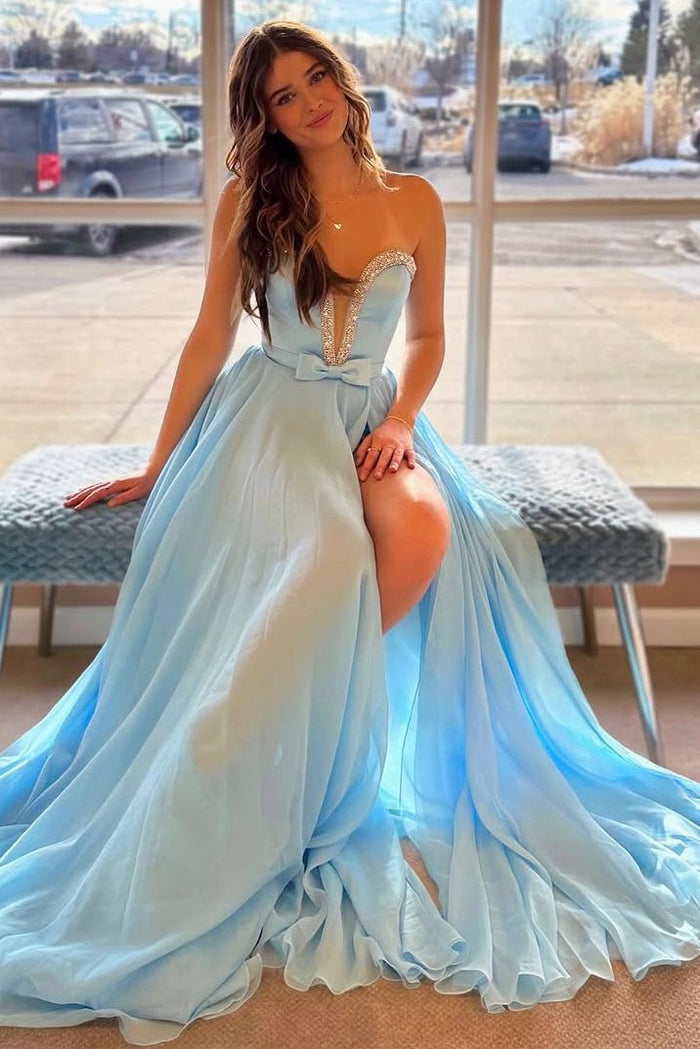 Blue Strapless A-Line V-Neck Beads Chiffon Empire-Waist Prom Dress with Slit