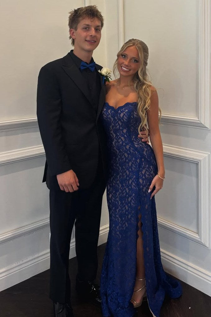 Blue Strapless Mermaid Sweetheart Lace Prom Dress with Slit