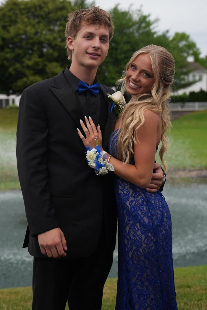 Blue Strapless Mermaid Sweetheart Lace Prom Dress with Slit