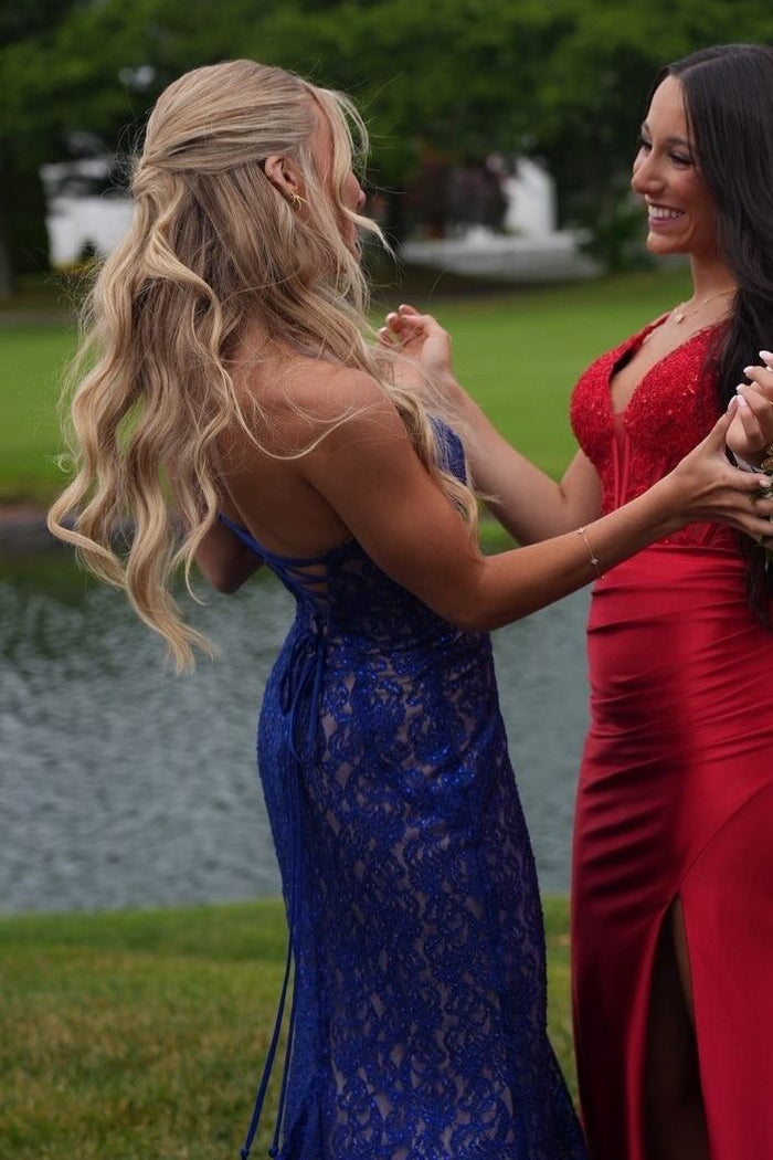 Blue Strapless Mermaid Sweetheart Lace Prom Dress with Slit